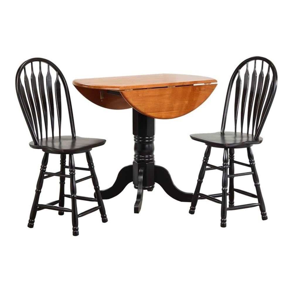 Sunset Trading Black Cherry Selections 3 Piece 42 Round Extendable Drop Leaf Pub Table Set with 2 Swivel Barstools | Counter Height Dining | Seats 6"