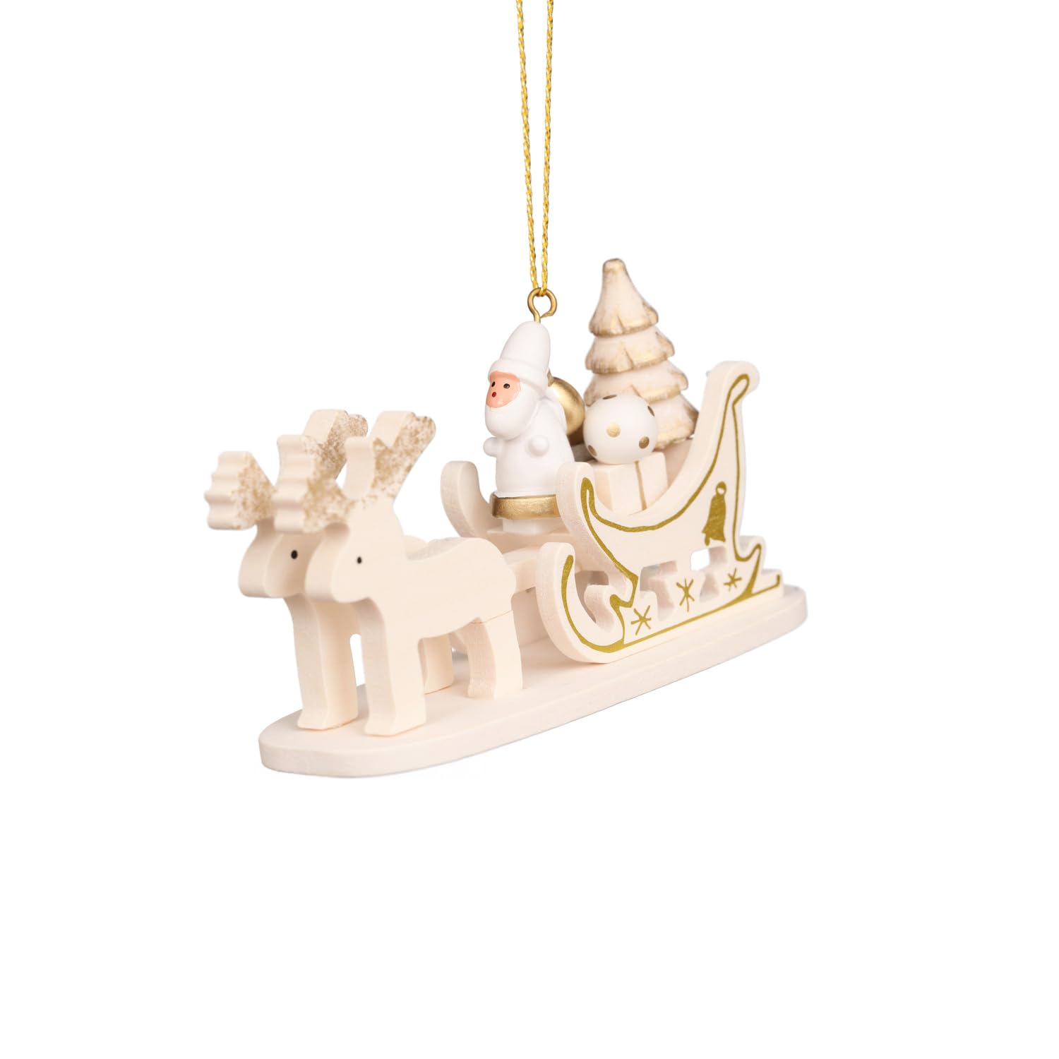 10-0928 - Christian Ulbricht Ornament - White and Gold Sled With Santa - 2.25H x 1.9”W x .8”D