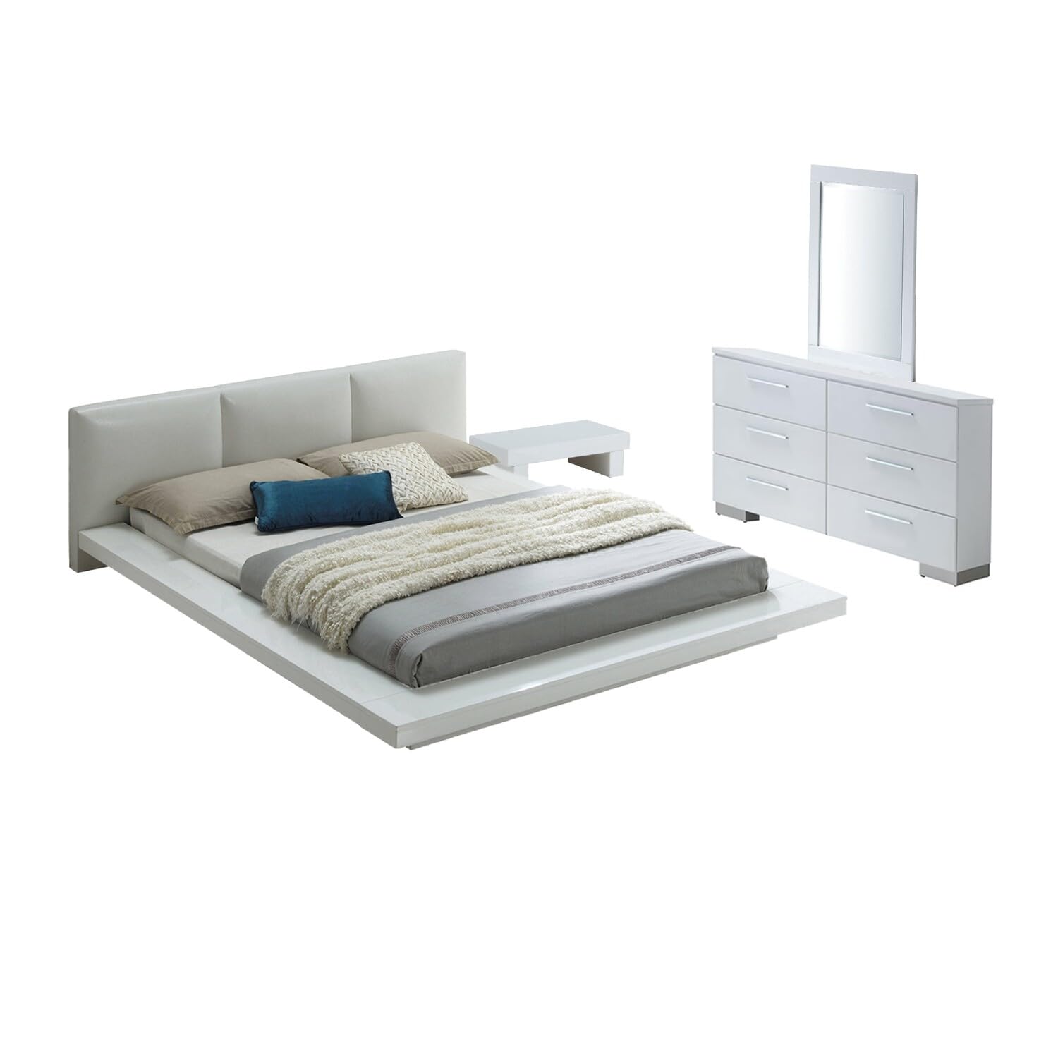 Rishi 4 Pc King Size Bedroom Set, Low Profile, Leatherette Padding, White