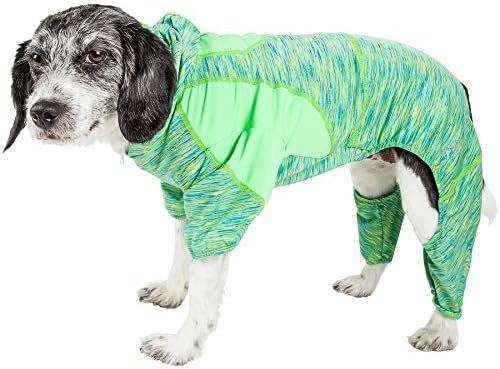 Pet Life  Active 'Downward Dog' Heathered Performance 4-Way Stretch Two-Toned Full Body Warm Up Hoodie, Green - Small