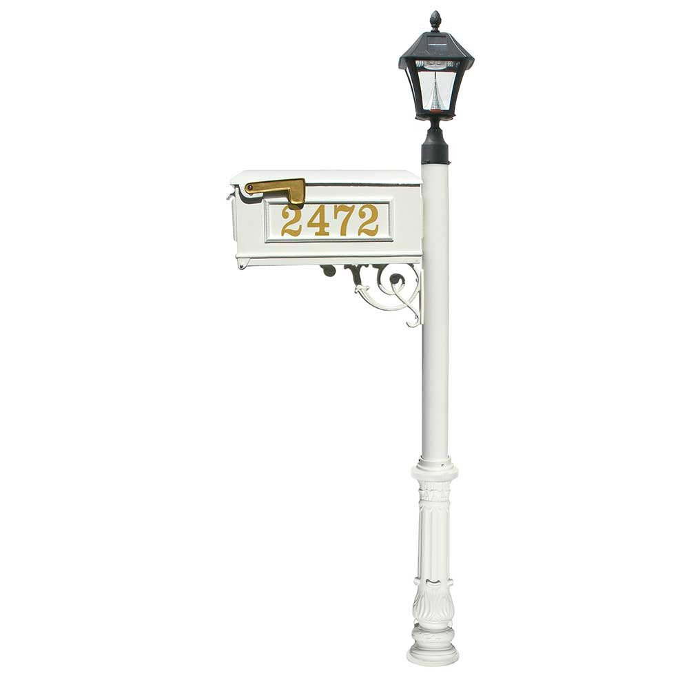 Mailbox, Post in white color, w/ Vinyl numbers on mailbox, white support brace, white ornate base, and black Bayview solar lamp