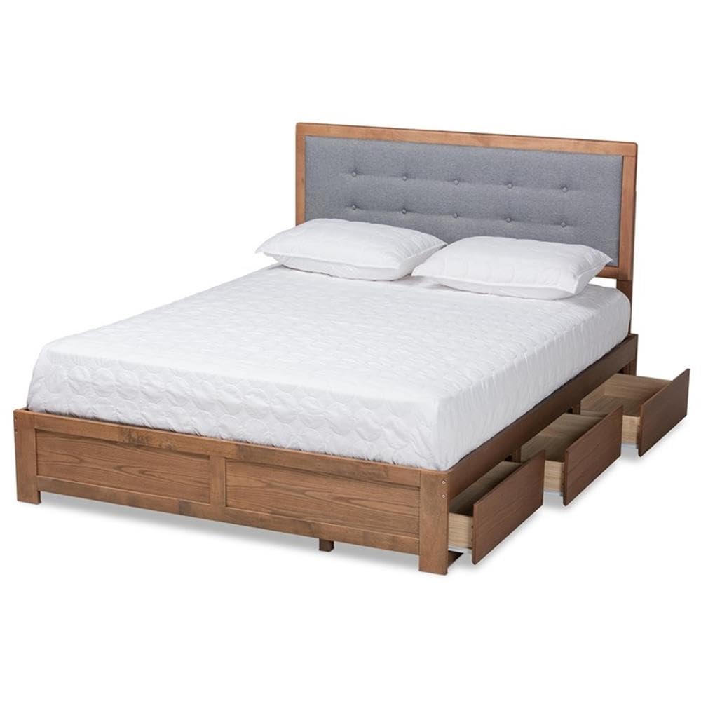 Baxton Studio Lene Modern And Contemporary Transitional Dark Grey Fabric Upholstered And Ash Walnut Brown Finished Wood Queen Size 3-Drawer Platform Storage Bed