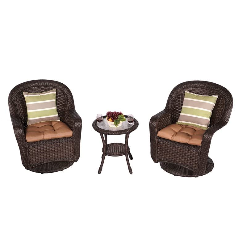 Dark Brown 3-Piece Wicker Patio Bistro Set with Round Coffee Table and Brown Cushions