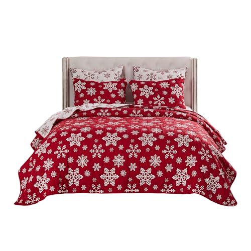 Flok 3 Piece Queen Quilt Set, Red and White Polyester, Snowflake Theme