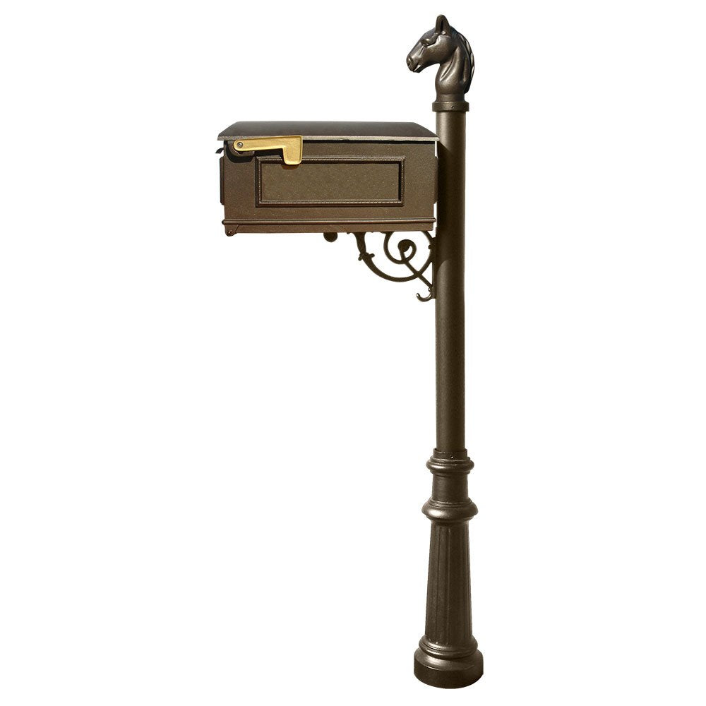 Lewiston Equine Mailbox post system with fluted base and horsehead finial  (no address plates or numbers), Bronze
