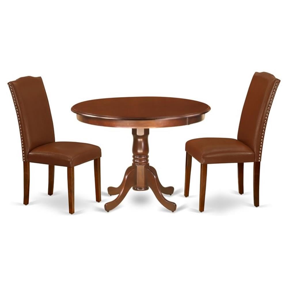 East West Furniture HLEN3-MAH-66 3 Piece Dinette Set for Small Spaces Contains a Round Dining Table with Pedestal and 2 Brown Faux Faux Leather Upholstered Chairs, 42x42 Inch, Mahogany