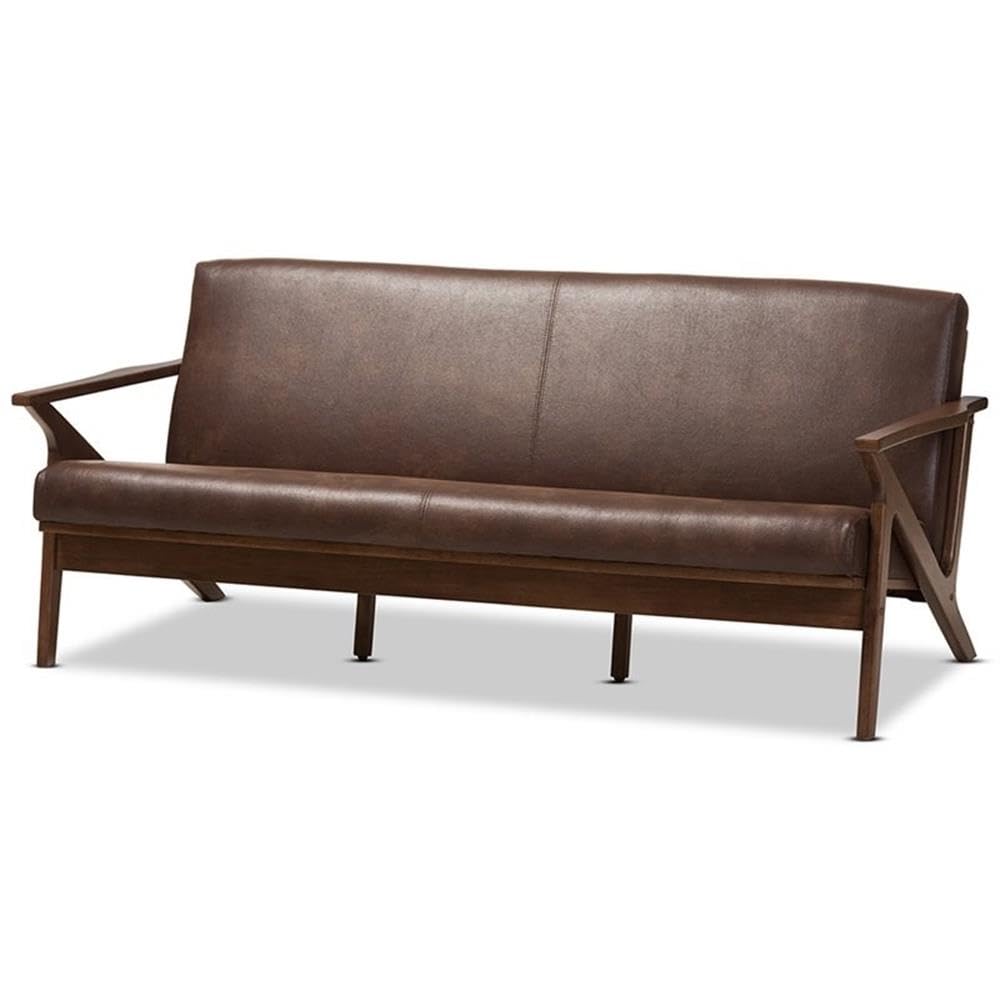 Baxton Studio Bianca Mid-Century Modern Walnut Wood Dark Brown Distressed Faux Leather 3-Seater Sofa