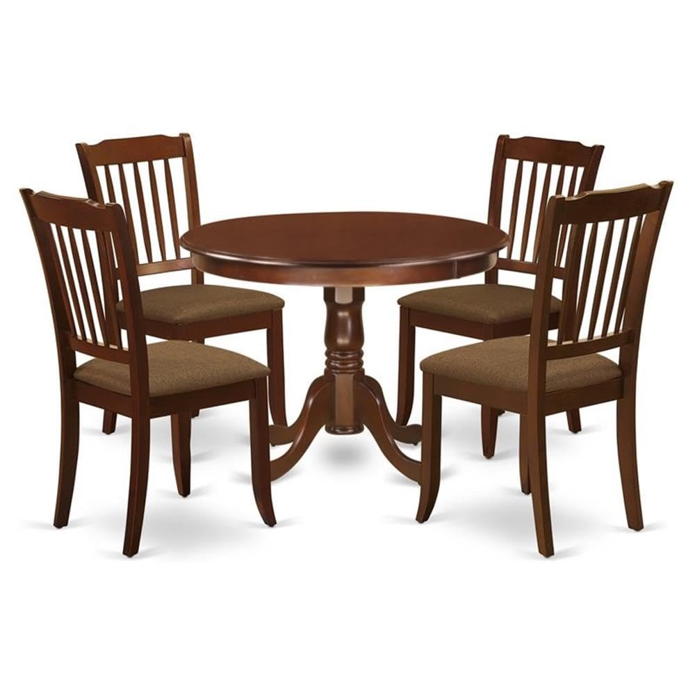 East West Furniture HLDA5-MAH-C 5 Piece Kitchen Table Set for 4 Includes a Round Dining Room Table with Pedestal and 4 Linen Fabric Upholstered Dining Chairs, 42x42 Inch, Mahogany