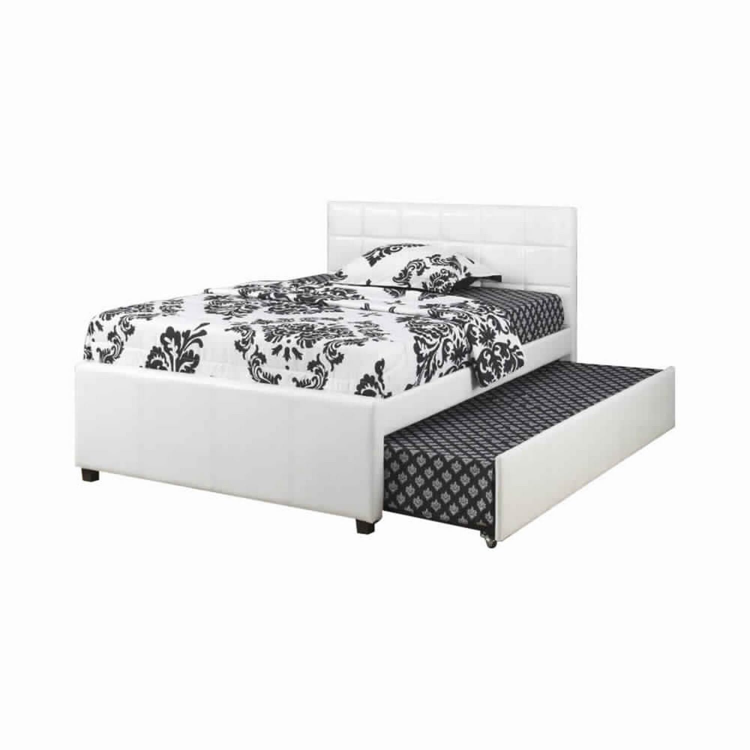 Multi utility Twin Bed With Trundle Squ Tufted Head Boards White