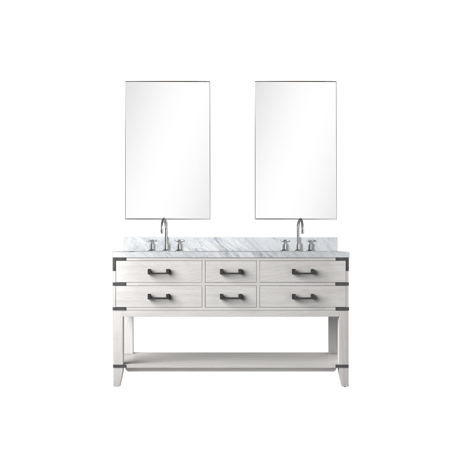 Norwalk 60 in W x 22 in D White Oak Double Bath Vanity, Carrara Marble Top, Faucet Set, and 28 in Mirrors