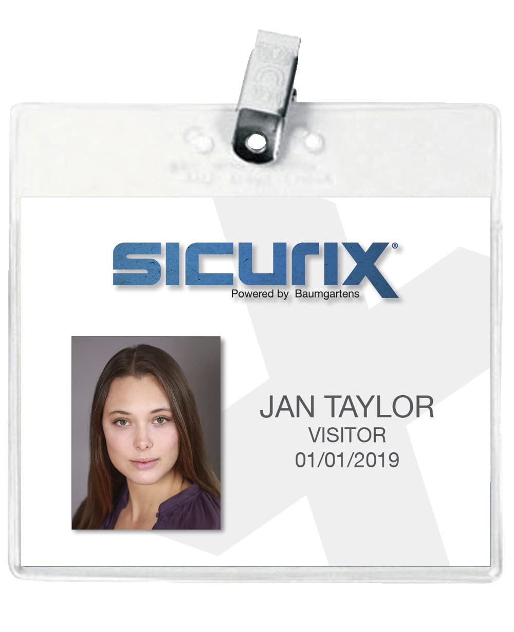 Sicurix Horizontal Pre-Punched Id Badge Holder With Clip, 4 X 3 In, Vinyl, Clear, Pack Of 50