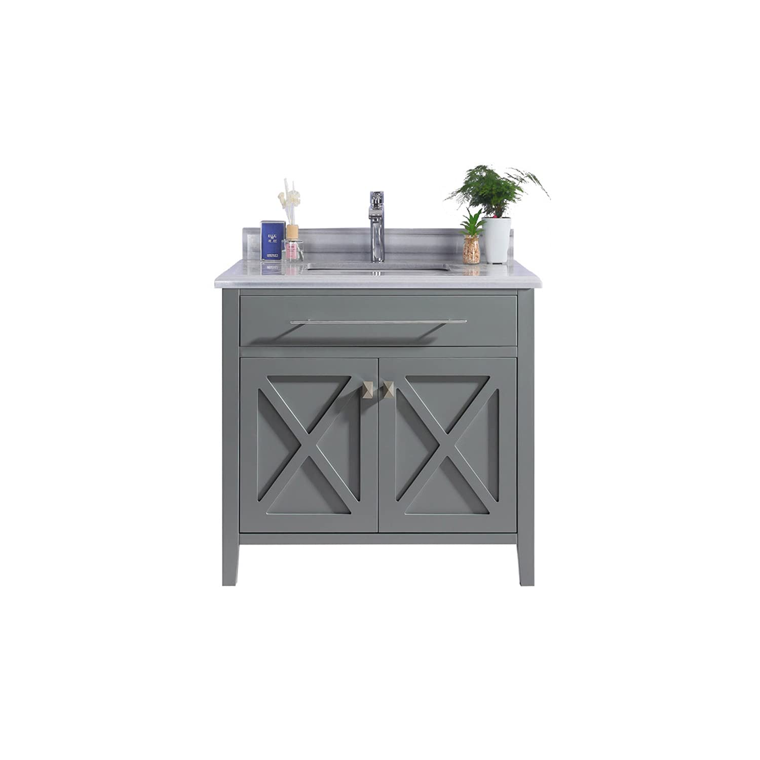 Wimbledon - 36 - Grey Cabinet + White Stripes Marble Countertop