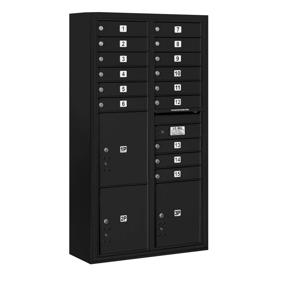 Maximum Height Surface Mounted 4C Horizontal Mailbox with 15 Doors and 3 Parcel Lockers in Black with USPS Access