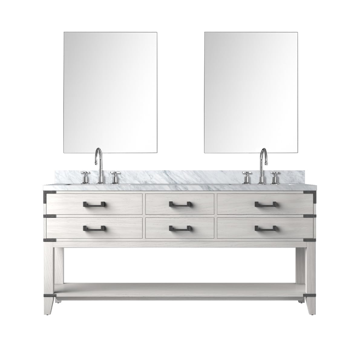 Norwalk 72 in W x 22 in D White Oak Double Bath Vanity, Carrara Marble Top, Faucet Set, and 34 in Mirrors