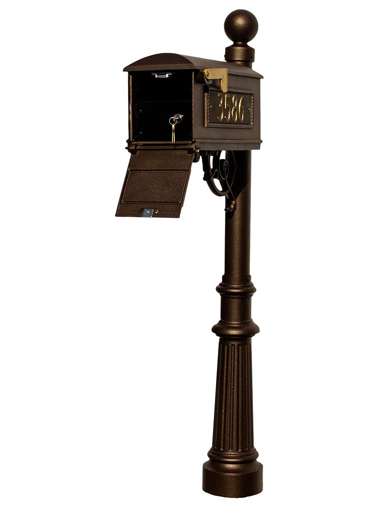 Lewiston Equine Mailbox Post System with Locking Insert, fluted base, ball finial and 3 cast aluminum personalized address plates, Bronze
