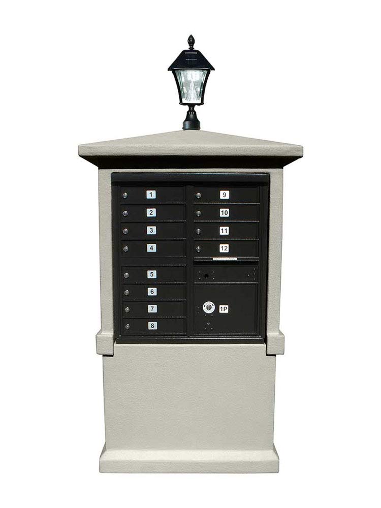 Estateview stucco CBU Mailbox Center, TALL pedestal (column only) in Non-Painted  with Bayview Solar Lamp