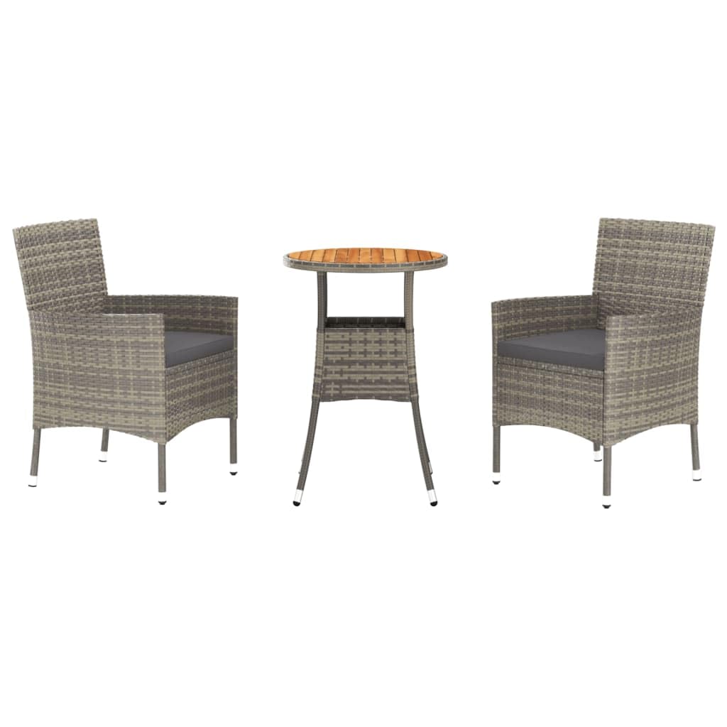 Vidaxl 3 Piece Patio Bistro Set - Gray Poly Rattan - Garden Bistro Chairs With Armrests And Backrests - Powder-Coated Steel Frame - Comfortable Cushions