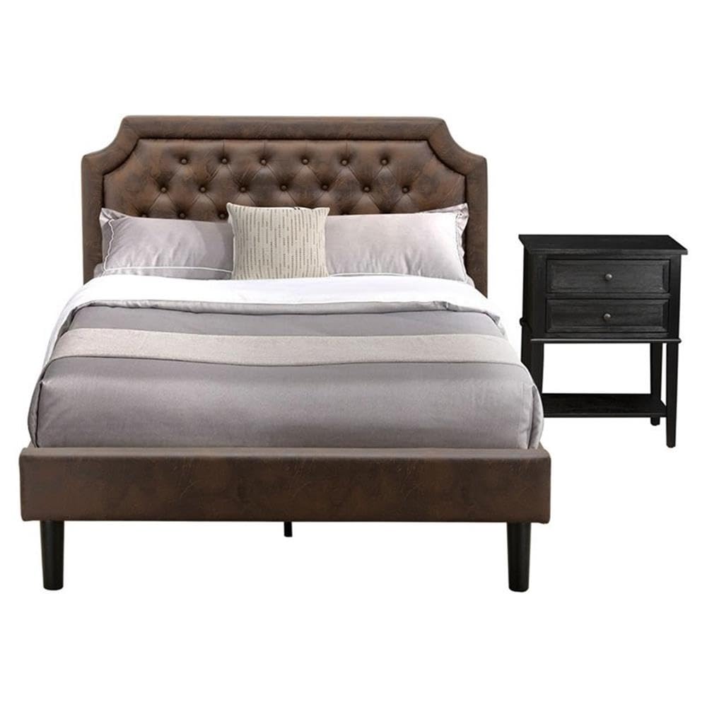 GB25F-1VL06 2-Piece Platform Wooden Set for Bedroom with a Full Bed and 1 Wirebrushed Black Night Stands - Dark Brown Faux Leather with Black Texture and Black Legs