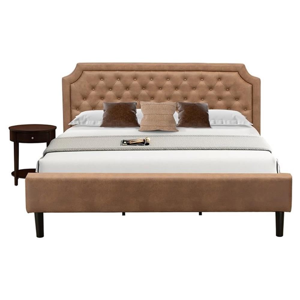 GB28K-1HI0M 2-Piece Granbury Wooden Set for Bedroom with Button Tufted King Bed and 1 Antique Mahogany Bedroom Nightstand - Brown Faux Leather with Brown Texture and Black Legs