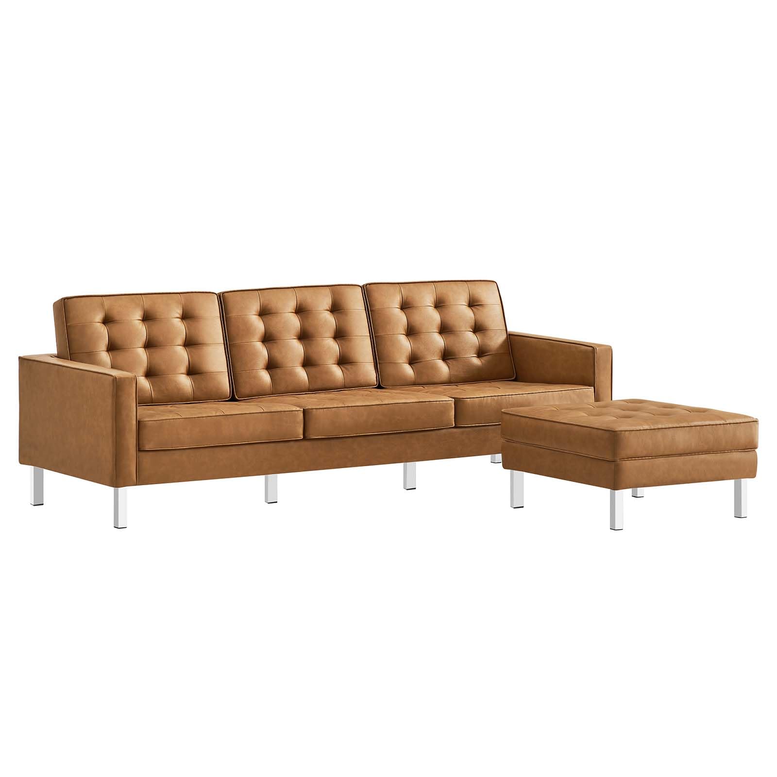 Modway Eei-6410-Slv-Tan-Set Loft Tufted Vegan Leather Sofa And Ottoman Set, Silver Tan