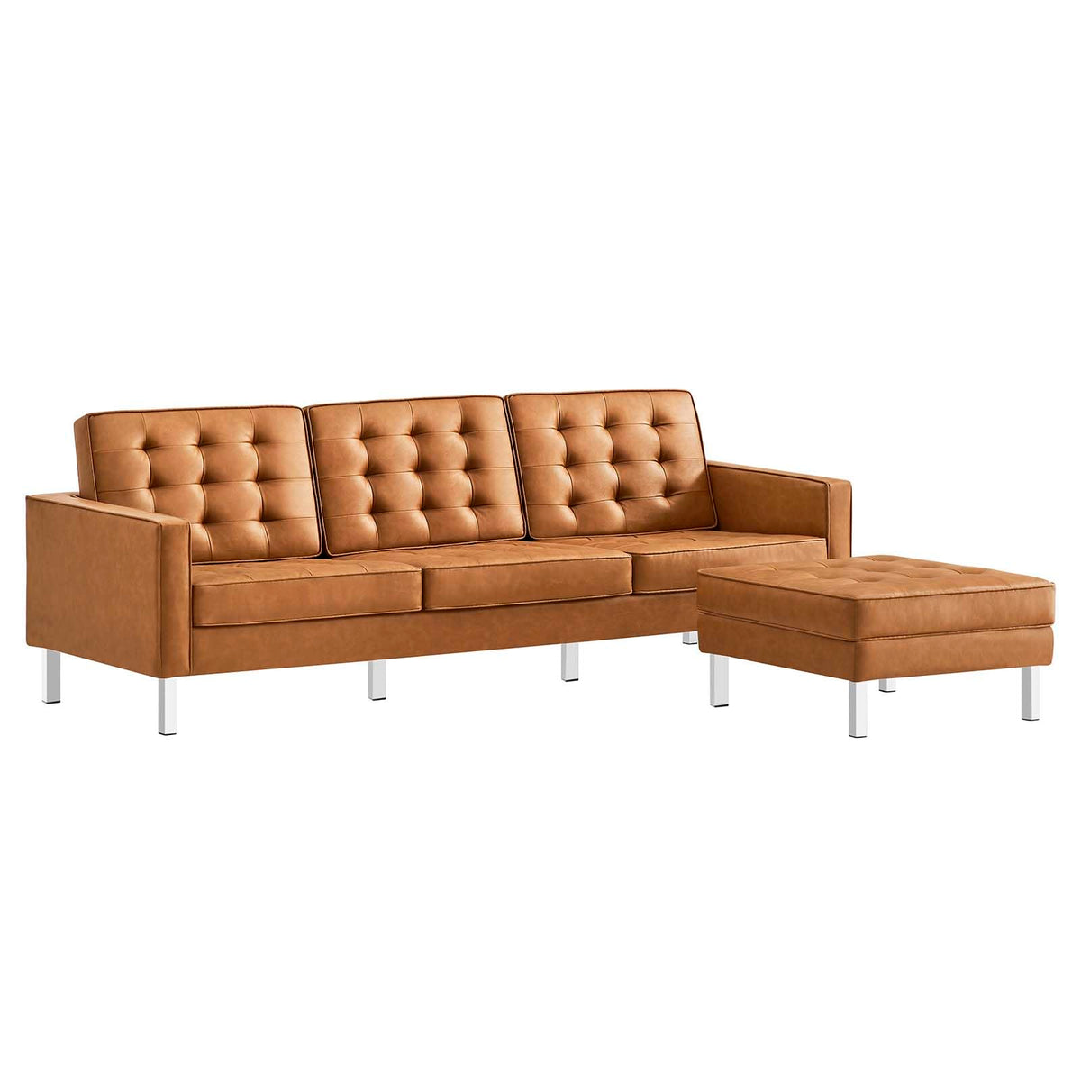 Modway Eei-6410-Slv-Tan-Set Loft Tufted Vegan Leather Sofa And Ottoman Set, Silver Tan