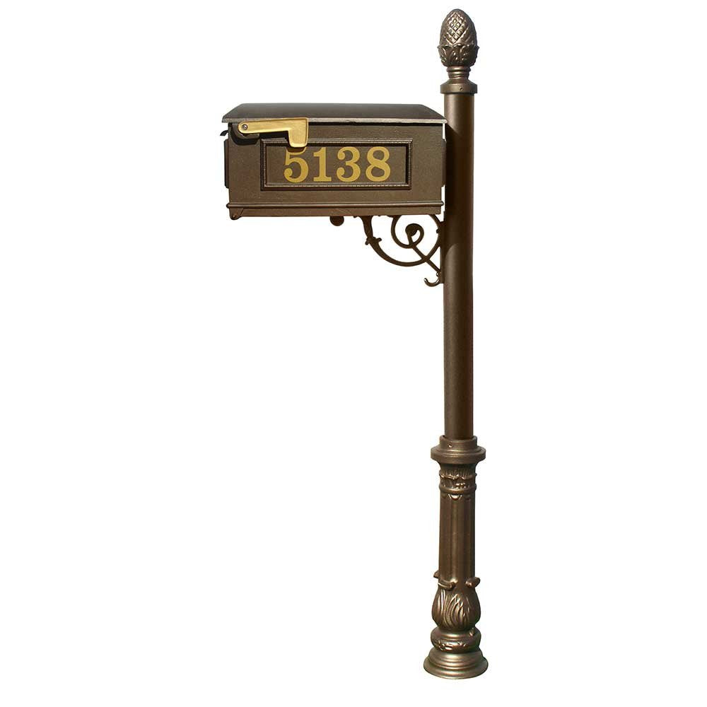 Lewiston Equine Mailbox Post System with decorative ornate base, pineapple finial and Gold Vinyl personalized numbers , Bronze