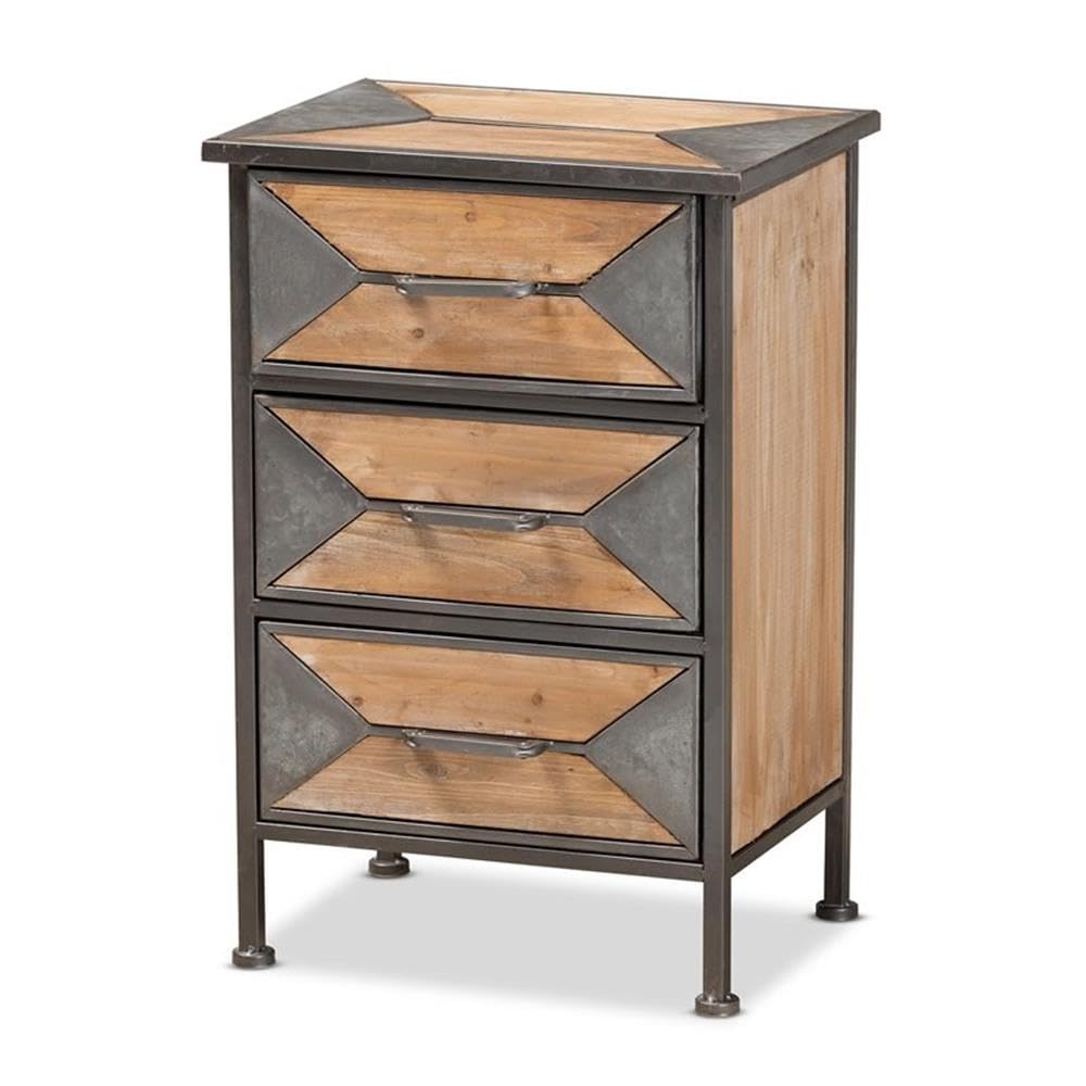 Baxton Studio Laurel Rustic Industrial Antique Grey Finished Metal And Whitewashed Oak Brown Finished Wood 3-Drawer Nightstand