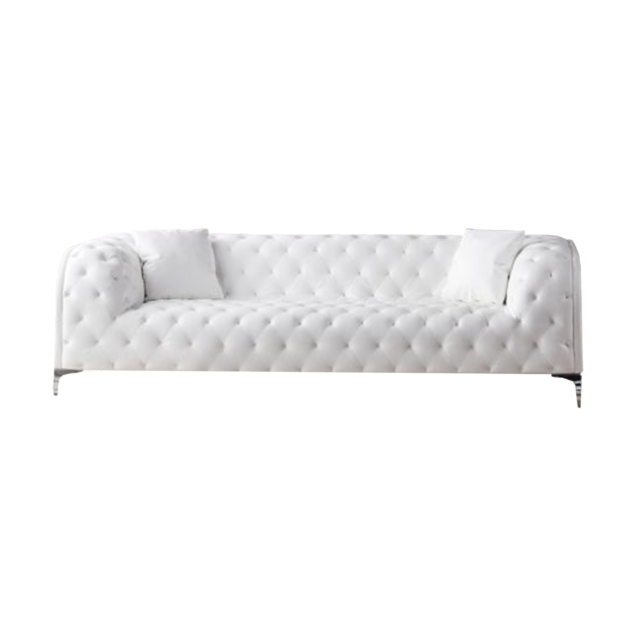 Sam Sofa, White Tufted Faux Leather, Throw Pillows, Steel Legs, 90 Inch