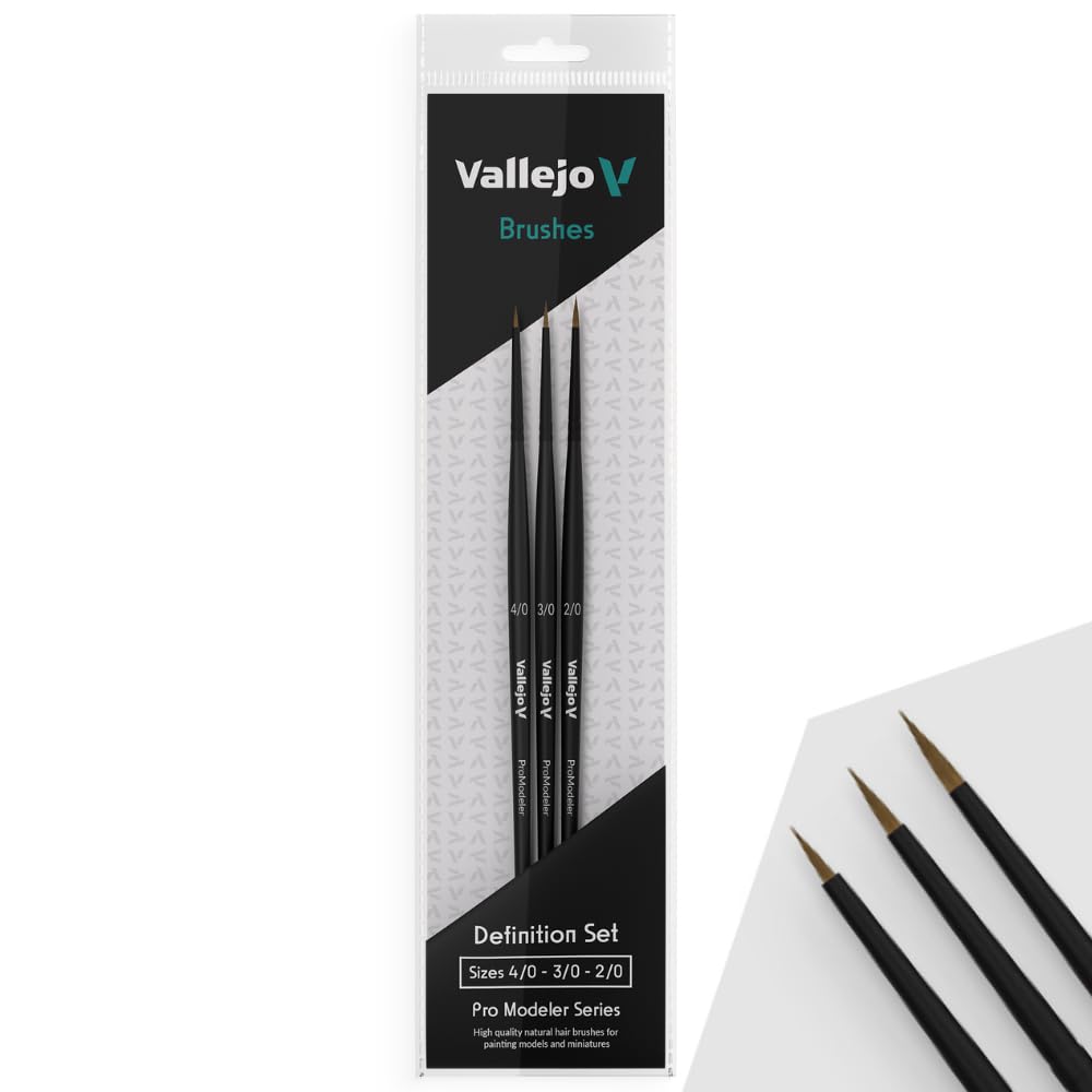 Vallejo - Pro Modeler Series Definition Set | Natural Hair Brushes | Sizes 4/0, 3/0 and 2/0 | Lightweight and Ergonomic Wooden Handles | Ideal for Acrylic Detail Work