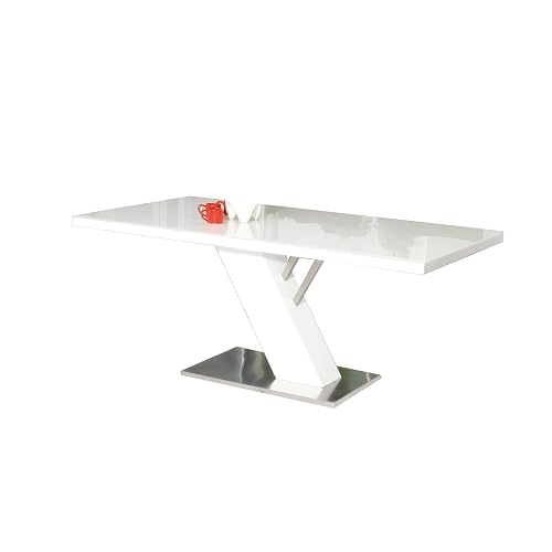 63 Inch Dining Table, Modern White Lacquered Rectangular Top, Steel Base