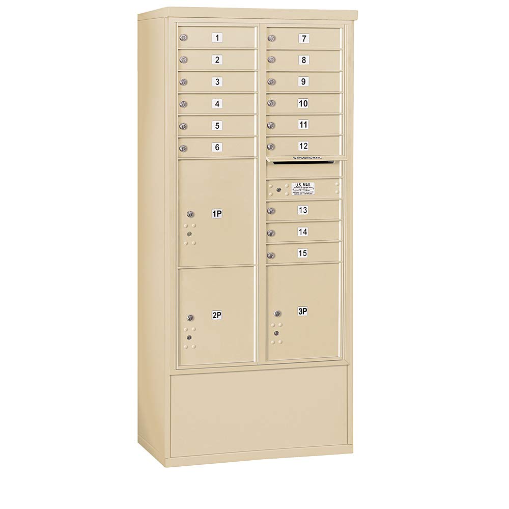 Maximum Height Free-Standing 4C Horizontal Mailbox with 15 Doors and 3 Parcel Lockers in Sandstone with USPS Access