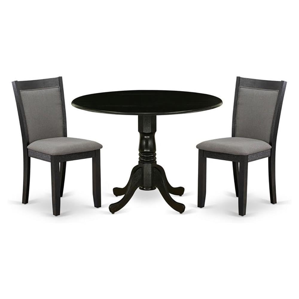 East West Furniture 3-Piece Dining Set Includes a Dining Table with Drop Leaves and 2 Dark Gotham Grey Linen Fabric Dining Chairs - Wire Brushed Black Finish