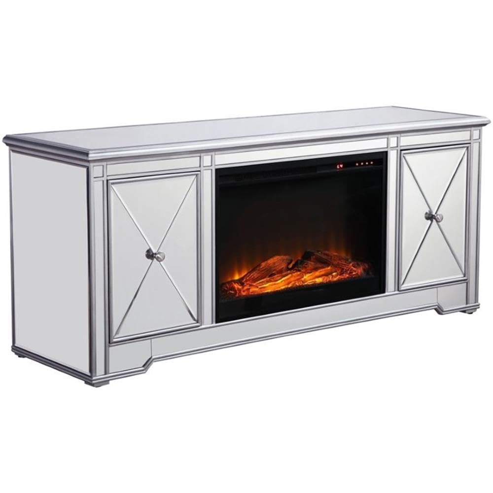 Elegant Decor Modern 60' Mirrored Faux Log Fireplace Tv Stand In Antique Silver
