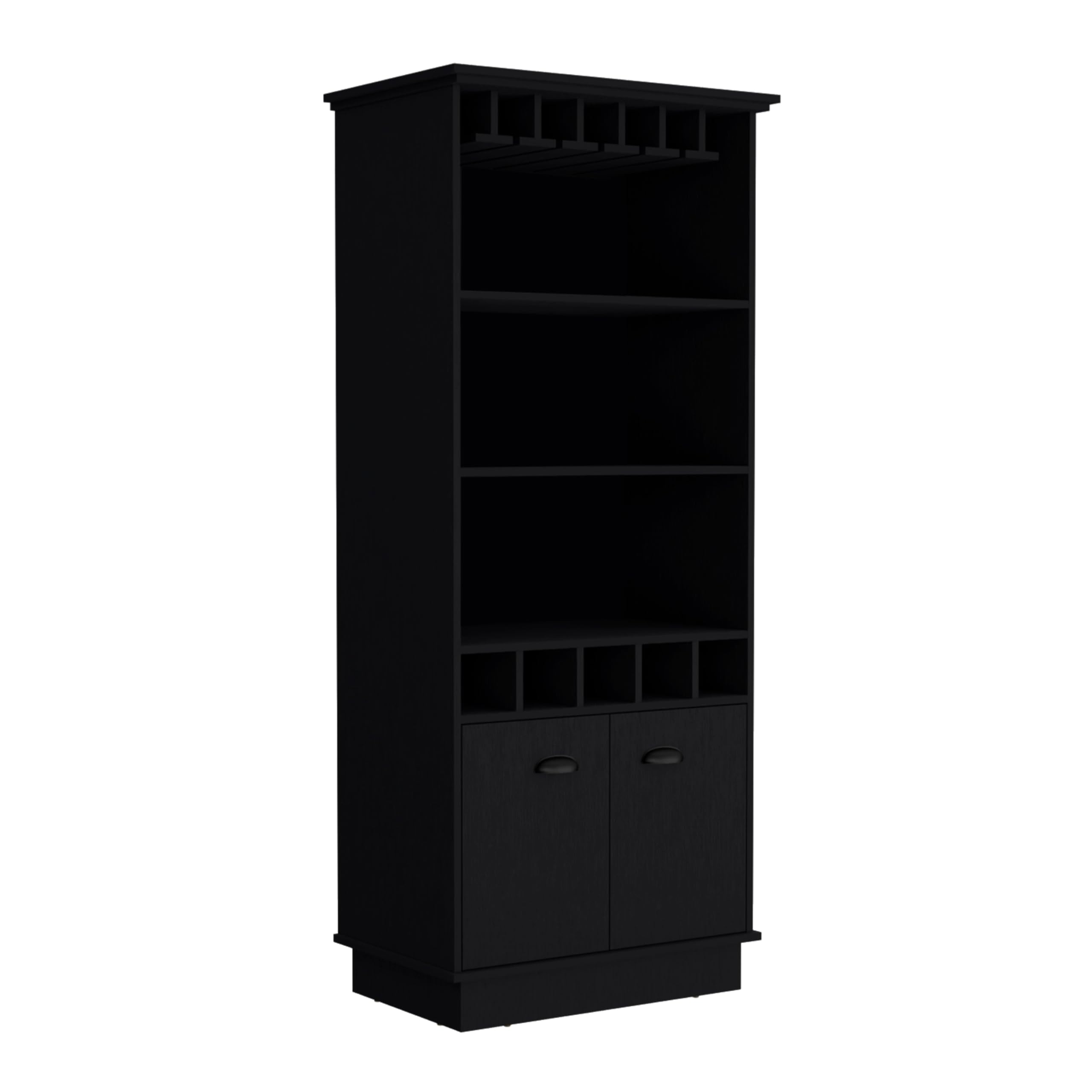 Dundee 70-Inch High 10-Glass Bar Cabinet with 5 Cubbies and 3 Open Shelves and Cabinet Black