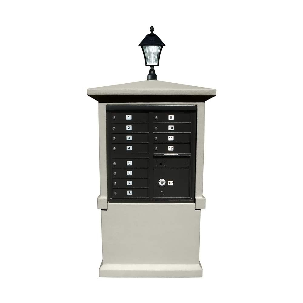 Estateview stucco CBU Mailbox Center, TALL pedestal (column only) in Slate Gray Color with Bayview Solar Lamp