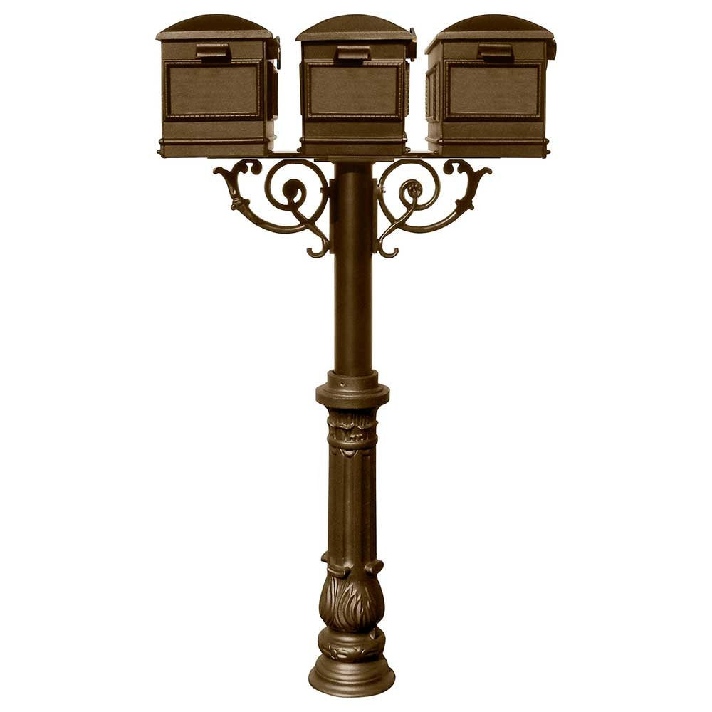 The Hanford TRIPLE Lewiston mailbox post system w/Scroll Supports, Bronze - HPWS3-700-LM-BRZ