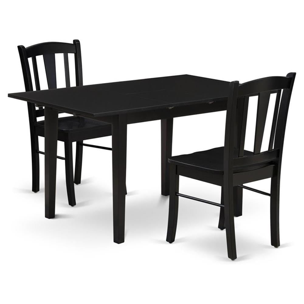 NFDL3-BLK-W - 3-Piece Kitchen Dining Room Set- 2 Modern Dining Chairs with Wooden Seat and Slatted Chair Back - Butterfly Leaf Rectangular Dining Table (Black Finish)