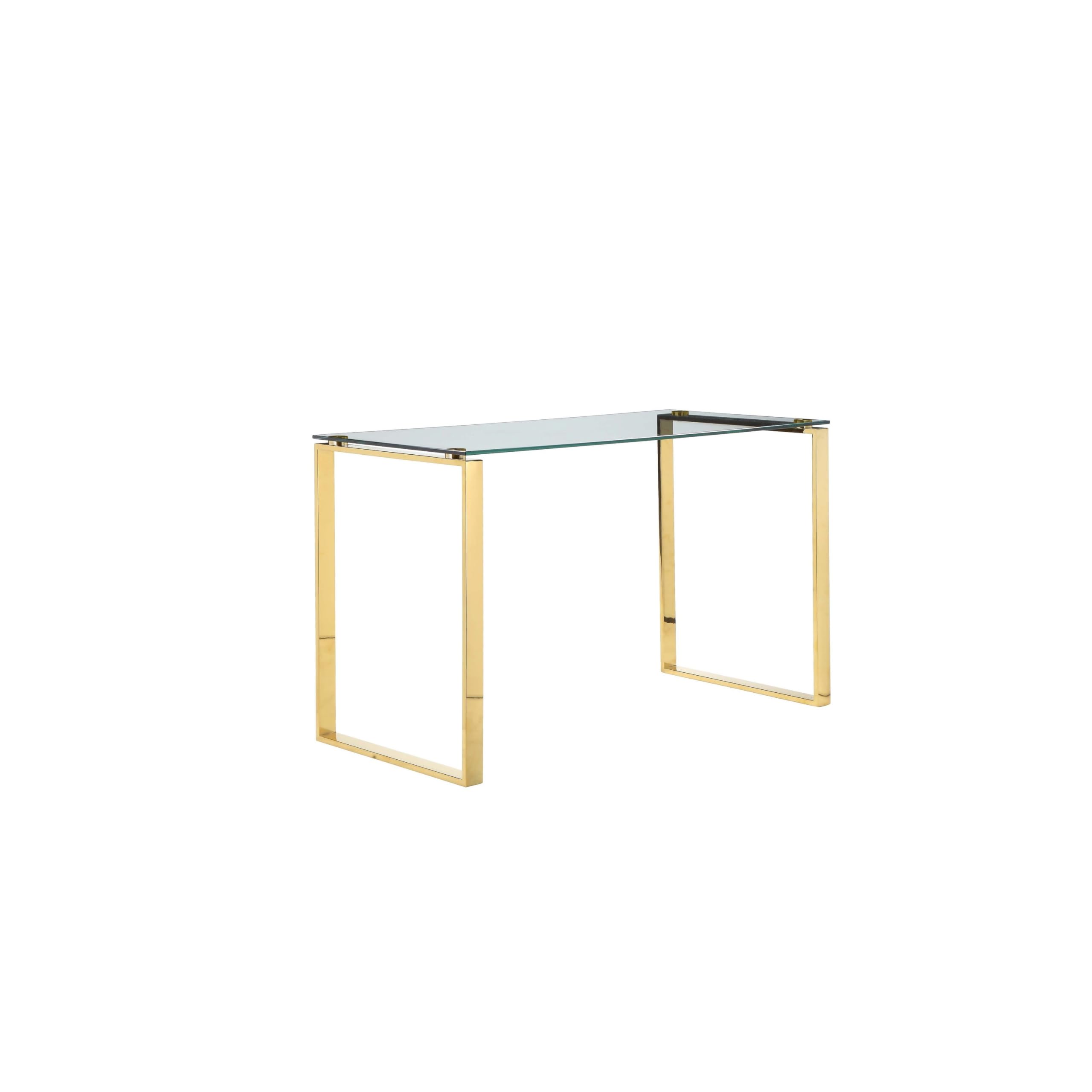 47 Inch Modern Office Desk, Clear Tempered Glass, Gold Sled Steel Frame