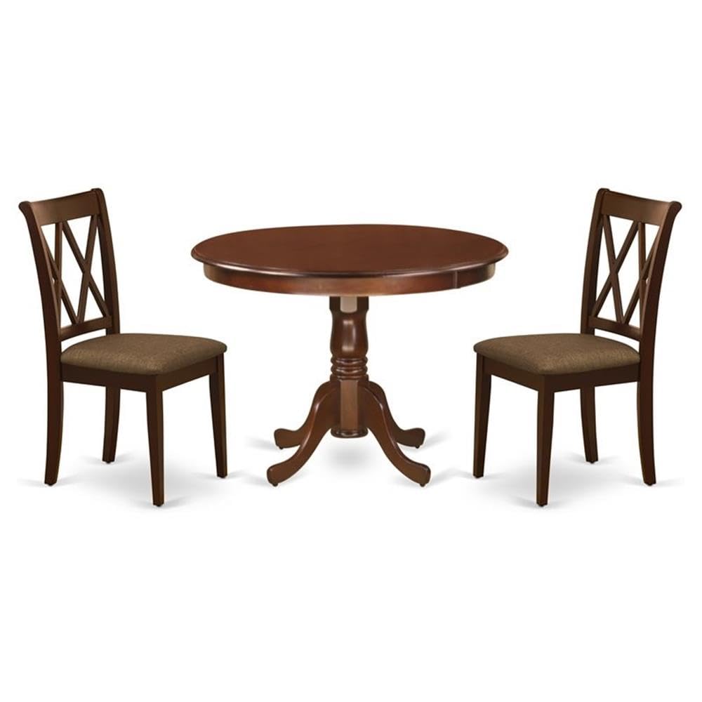 East West Furniture HLCL3-MAH-C 3 Piece Dining Room Furniture Set Contains a Round Kitchen Table with Pedestal and 2 Linen Fabric Upholstered Dining Chairs, 42x42 Inch, Mahogany