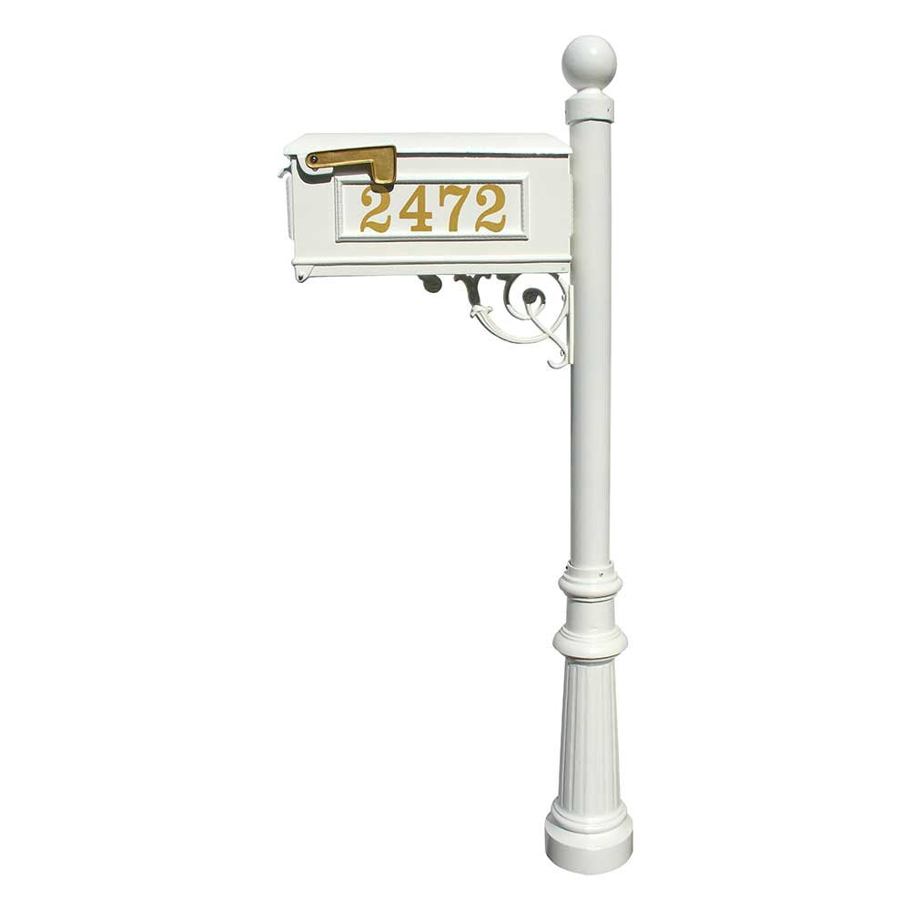 Lewiston Equine Mailbox Post System with decorative fluted base, ball finial and Gold Vinyl personalized numbers , White