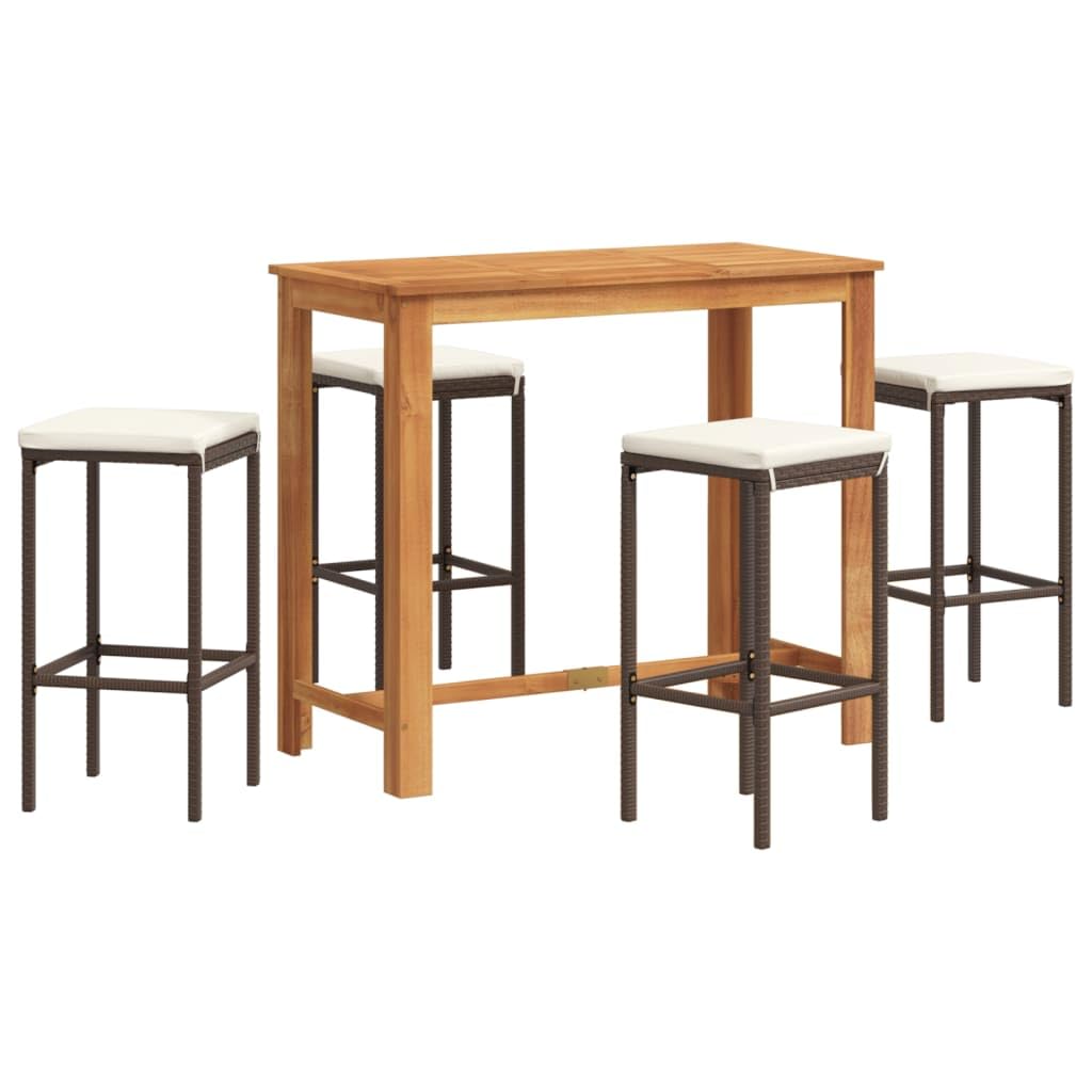 Vidaxl 5-Piece Patio Bar Set - Acacia Wood Table & Poly Rattan Bar Stools With Cushions, Brown/Cream For Outdoor Dining
