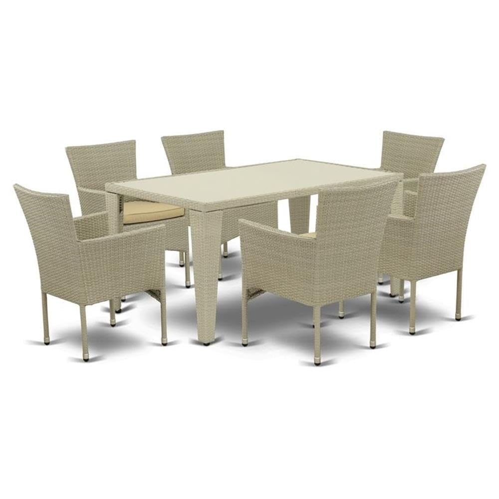 GUBK7-03A 7Pc Outdoor-Furniture Natural Color Wicker Dining Set Includes a Patio Table and 6 Balcony Backyard Armchair with Linen Fabric Cushion
