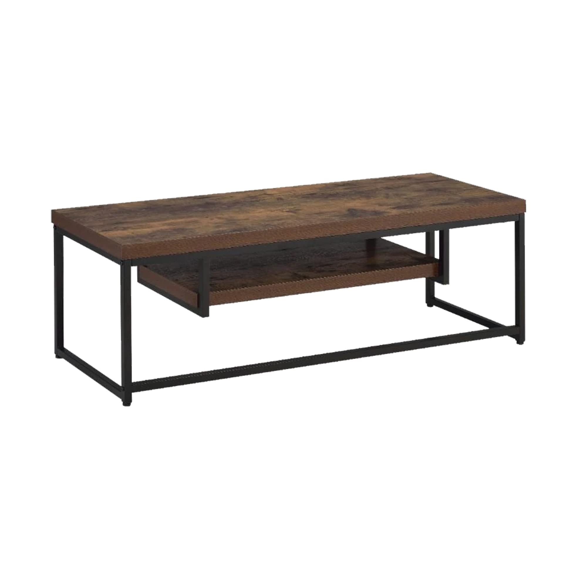 Wood And Metal TV Stand With One Shelf, Weathered Oak Brown And Black