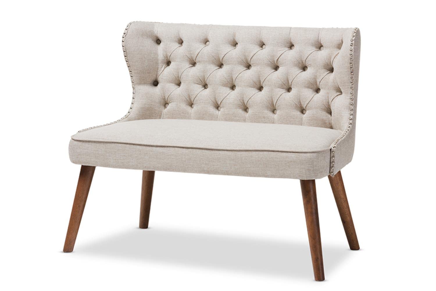 Baxton Studio Scarlett Mid-Century Modern Brown Wood And Light Beige Fabric Upholstered Button-Tufting With Nail Heads Trim 2-Se
