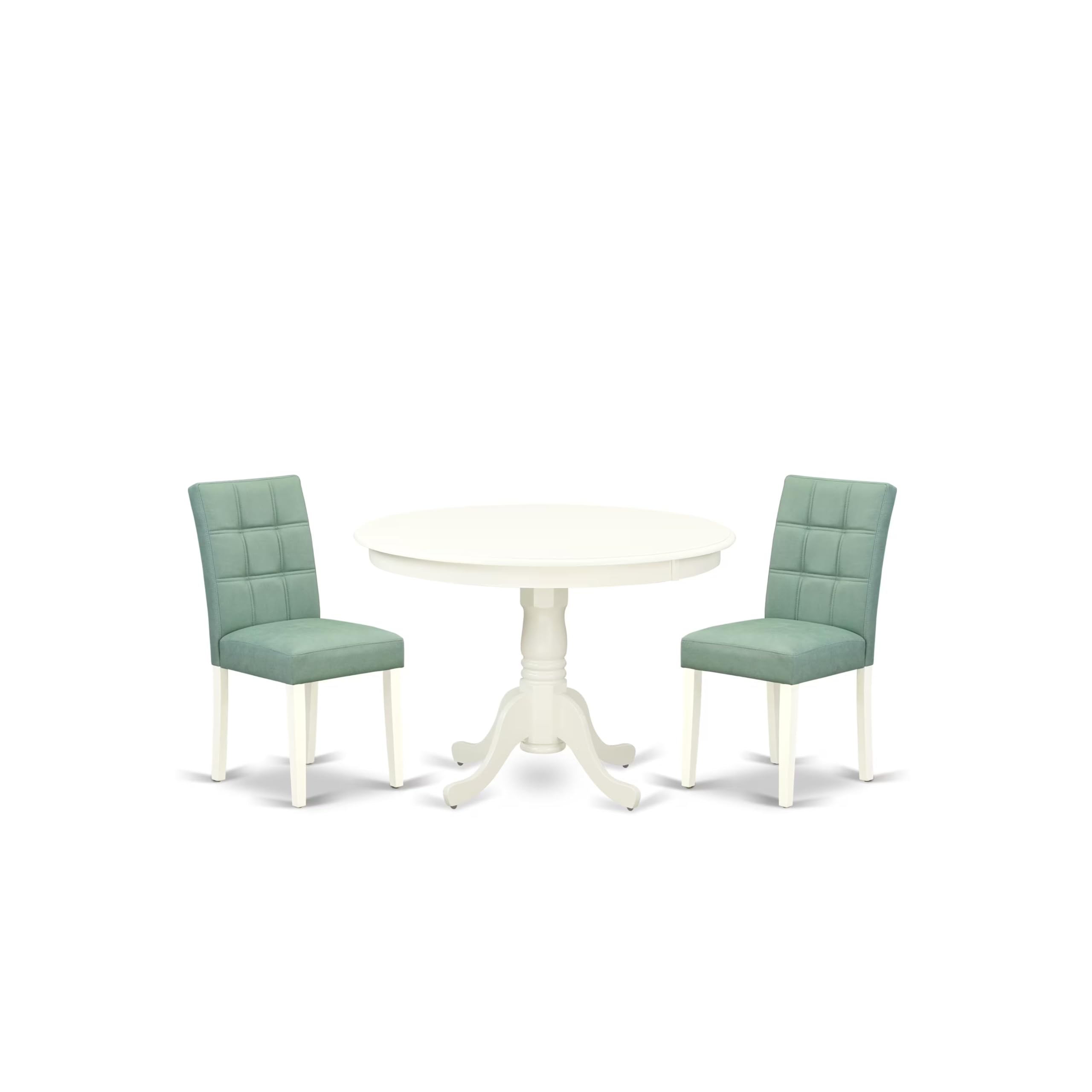 East West Furniture HLAS3-LWH-43 3 Piece Dinner Table Set Includes A Modern Table and 2 Willow Green Faux Leather Parson Chairs, Linen White