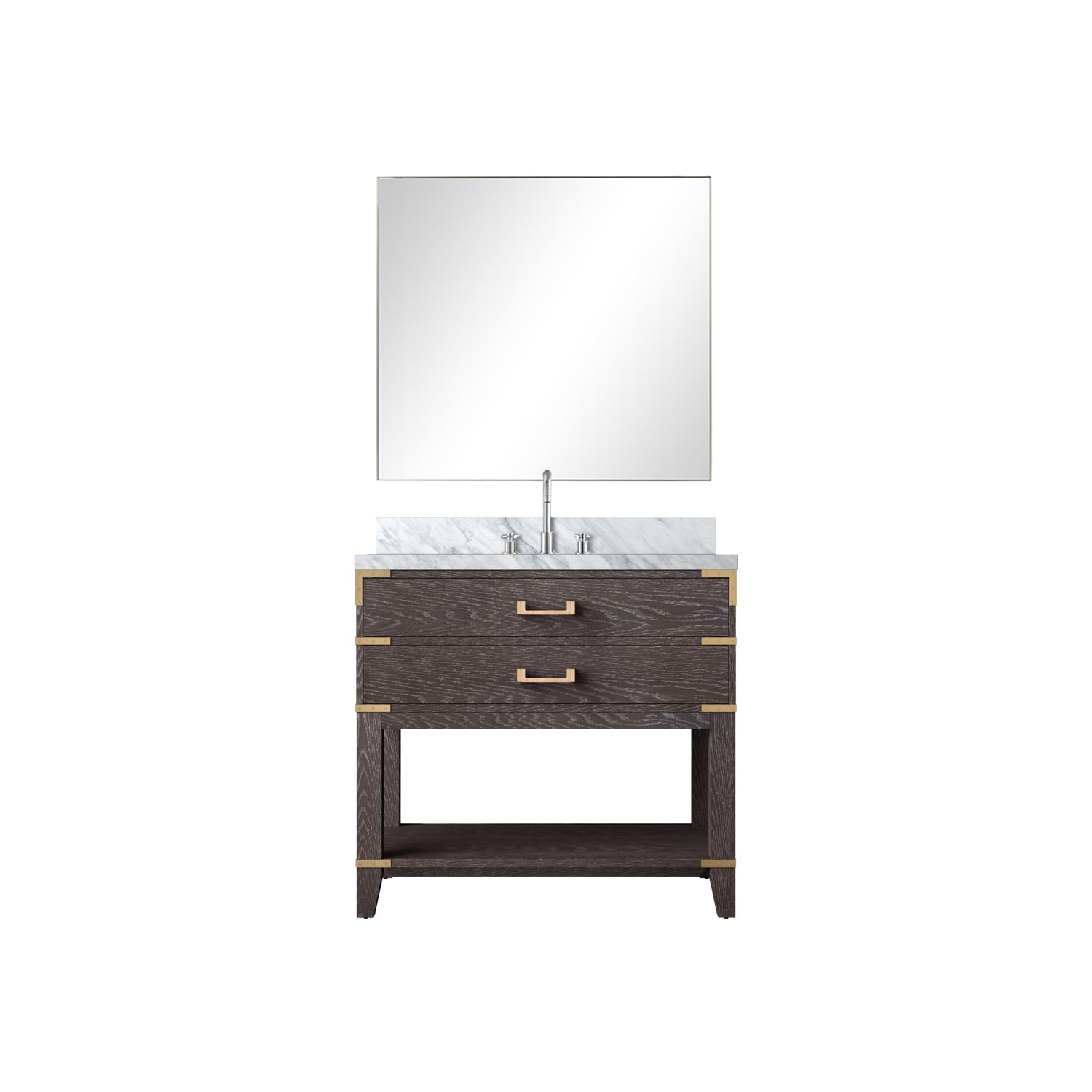Norwalk 36 in W x 22 in D Brown Oak Single Bath Vanity Carrara Marble Countertop, 34 in Mirror and Faucet Set