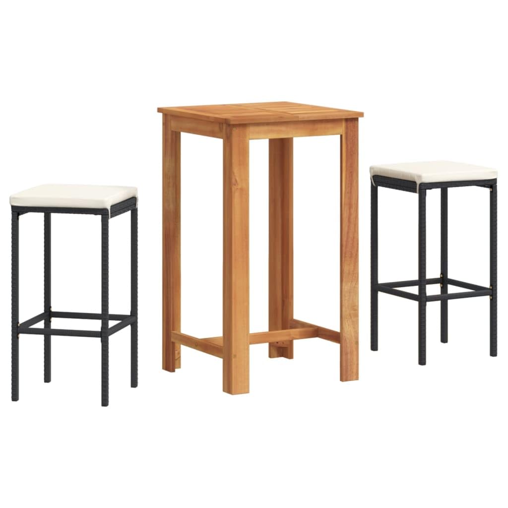 Vidaxl 3-Piece Patio Bar Set-Black Poly Rattan And Solid Acacia Wood, Square Table With Oil Finish, Cream White Seat Cushions, Standard, 3295267