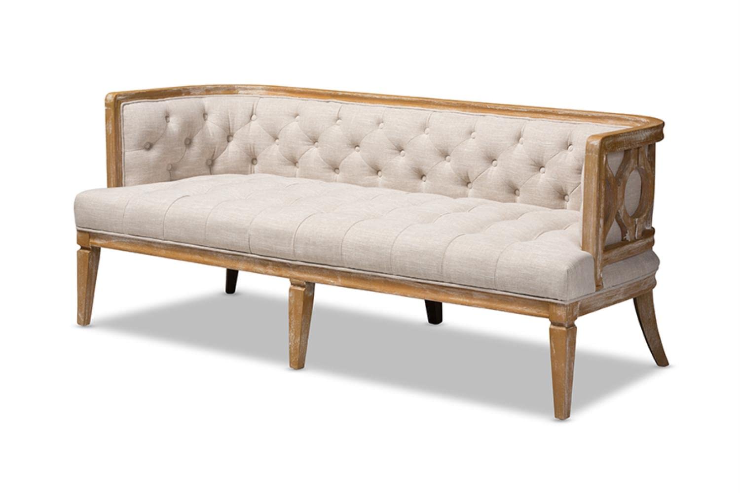 Baxton Studio Agnes French Provincial Beige Linen Fabric Upholstered And White-Washed Oak Wood Sofa