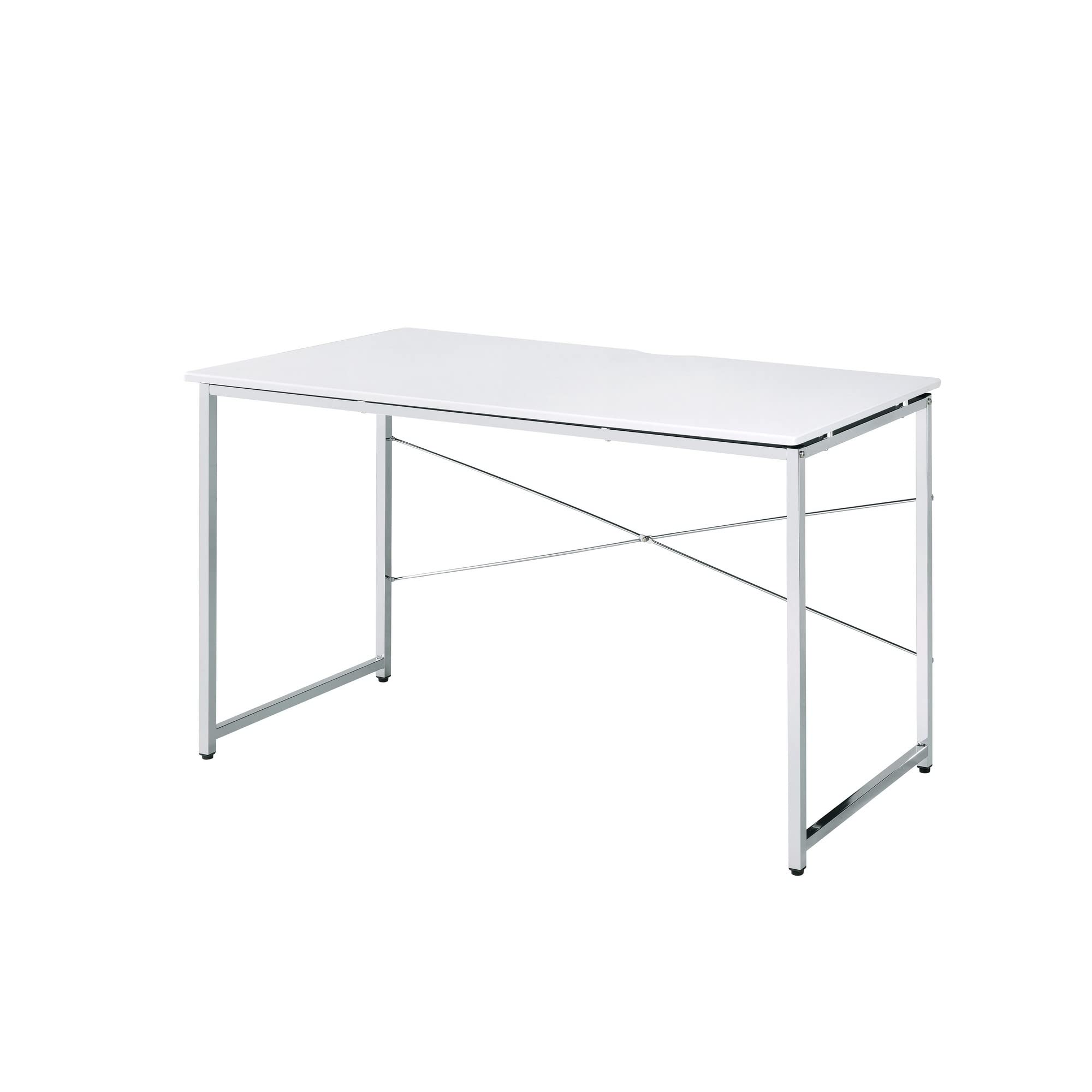 Writing Desk with X Shaped Cross Bar and Chrome Finish, White