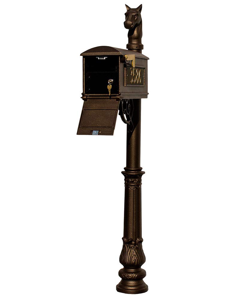Lewiston Equine Mailbox Post System with Locking Insert, ornate base, horsehead finial and 3 cast aluminum personalized address plates, Bronze